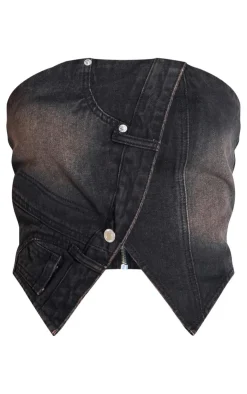 Outlet PrettyLittleThing Tall Band Detail Bandeau Denim Crop Top Washed Brown