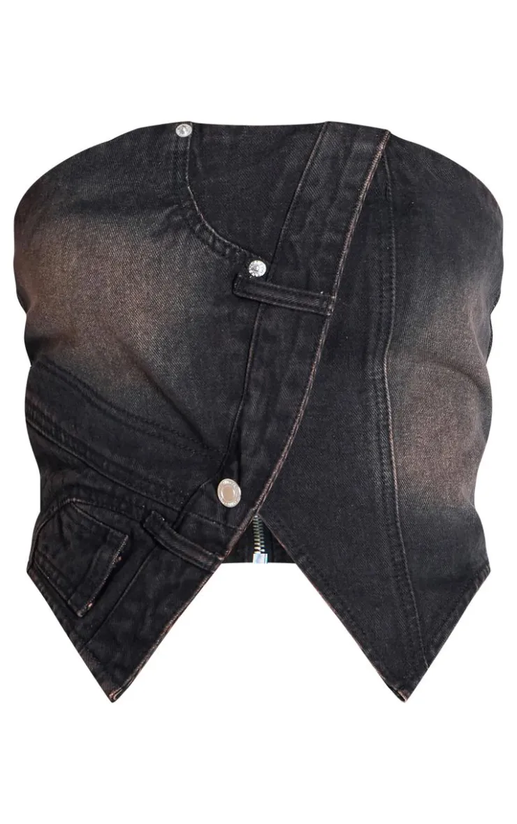Outlet PrettyLittleThing Tall Band Detail Bandeau Denim Crop Top Washed Brown