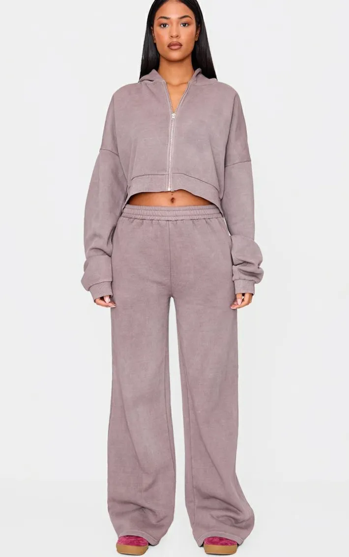 Tall Washed Brown Crop Boxy Zip Through Hoodie