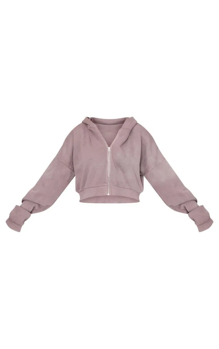 Tall Washed Brown Crop Boxy Zip Through Hoodie