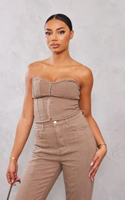 Outlet PrettyLittleThing Tall Denim Hook And Eye Structured Corset Washed Brown