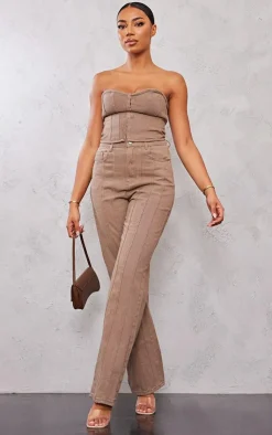 Outlet PrettyLittleThing Tall Denim Hook And Eye Structured Corset Washed Brown