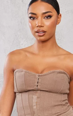 Outlet PrettyLittleThing Tall Denim Hook And Eye Structured Corset Washed Brown