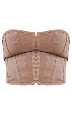 Outlet PrettyLittleThing Tall Denim Hook And Eye Structured Corset Washed Brown