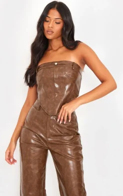 New PrettyLittleThing Tall Faux Leather Corset Top Washed Brown