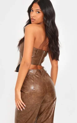 New PrettyLittleThing Tall Faux Leather Corset Top Washed Brown