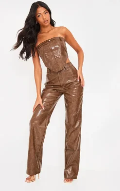 New PrettyLittleThing Tall Faux Leather Corset Top Washed Brown