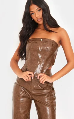 New PrettyLittleThing Tall Faux Leather Corset Top Washed Brown