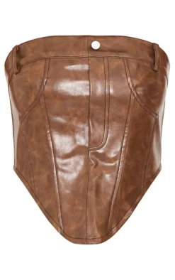 New PrettyLittleThing Tall Faux Leather Corset Top Washed Brown