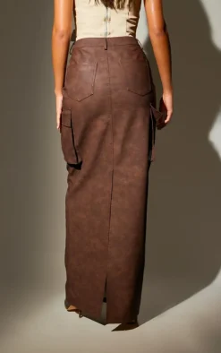 Tall Washed Brown Faux Leather Pocket Detail Maxi Skirt