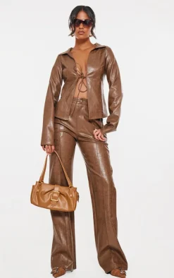 Clearance PrettyLittleThing Tall Faux Leather Open Seam Straight Leg Pants Washed Brown