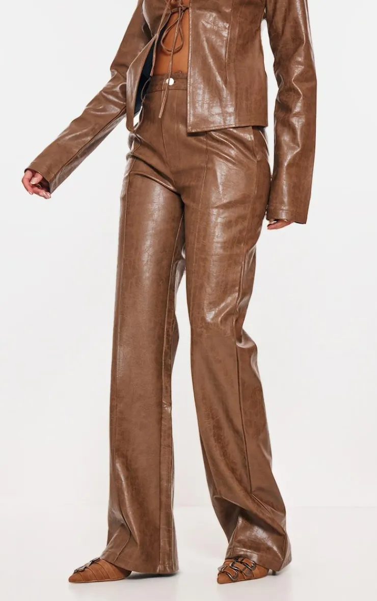 Clearance PrettyLittleThing Tall Faux Leather Open Seam Straight Leg Pants Washed Brown
