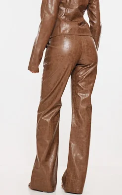 Clearance PrettyLittleThing Tall Faux Leather Open Seam Straight Leg Pants Washed Brown