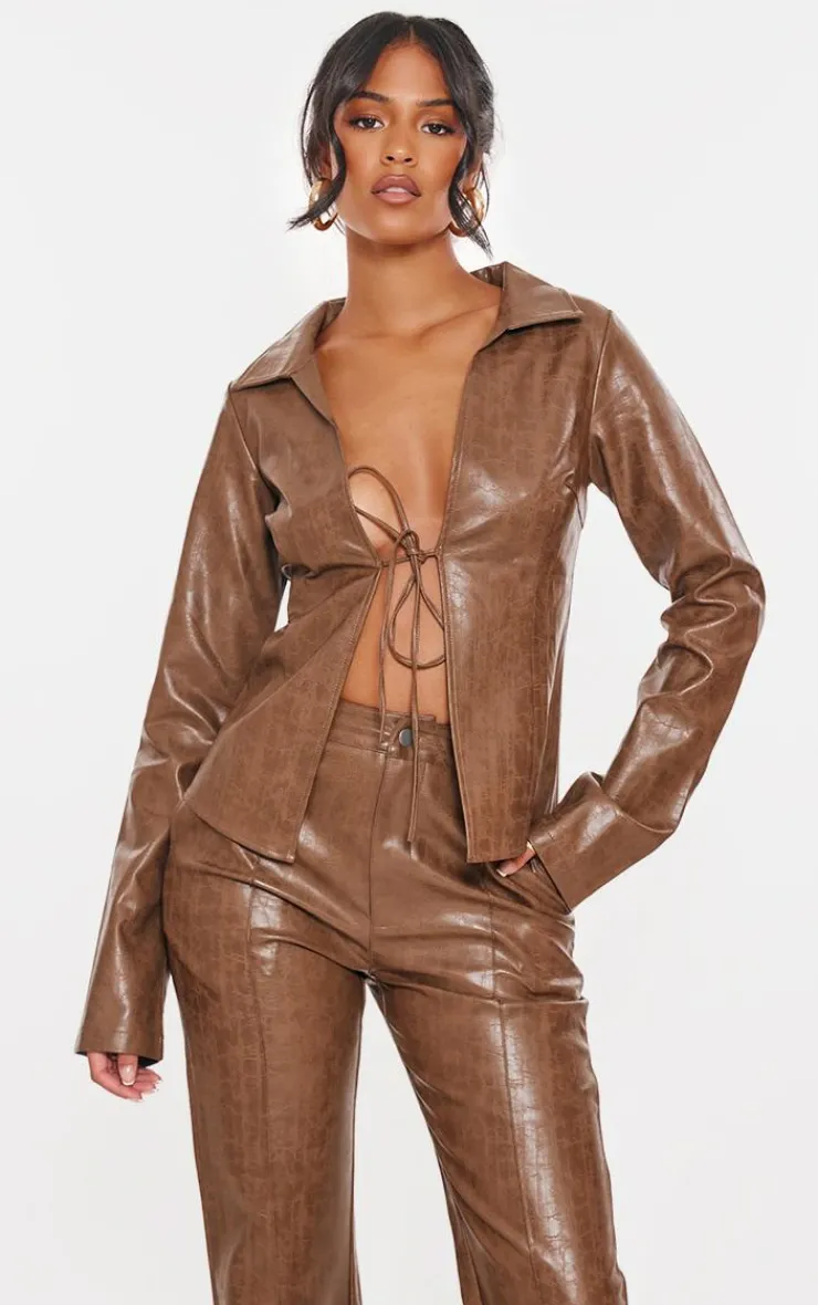 Clearance PrettyLittleThing Tall Faux Leather Open Seam Straight Leg Pants Washed Brown