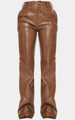 Clearance PrettyLittleThing Tall Faux Leather Open Seam Straight Leg Pants Washed Brown
