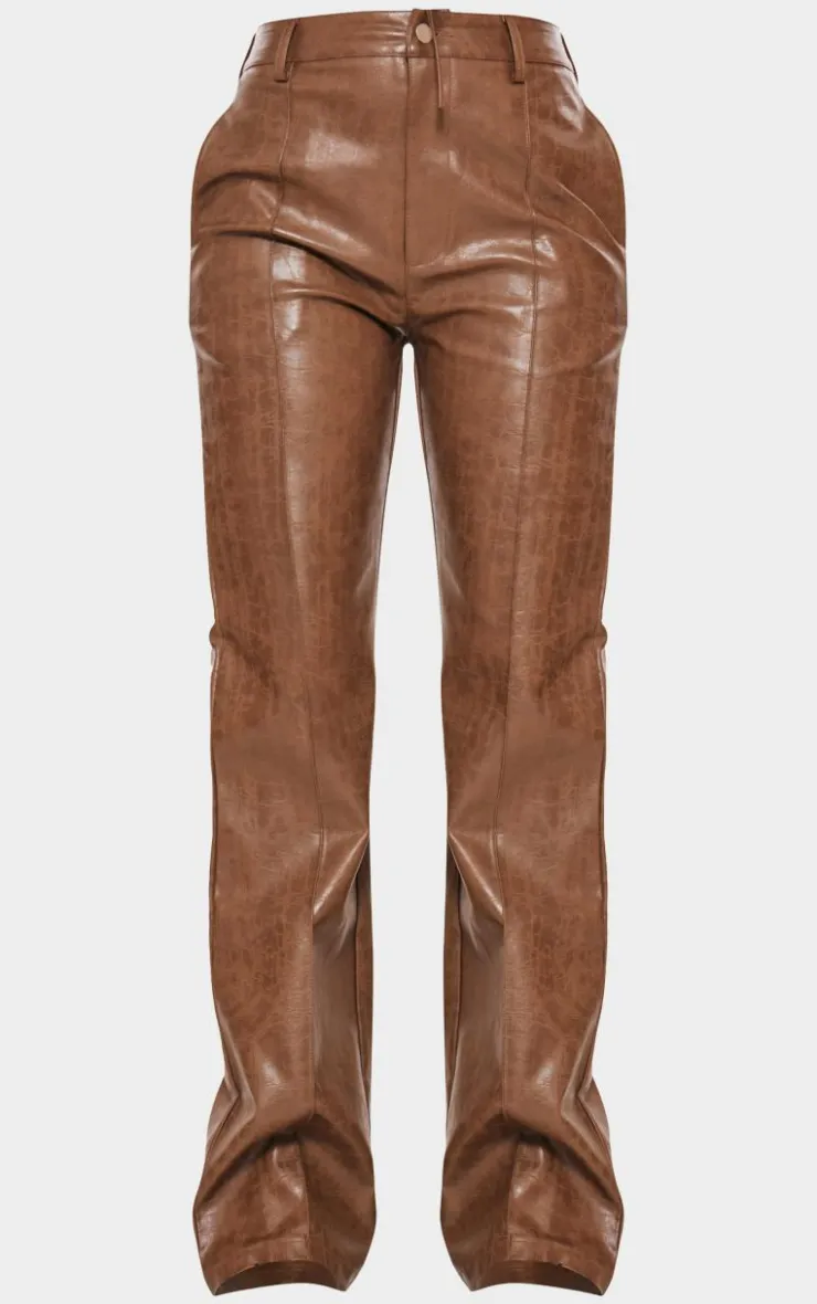 Clearance PrettyLittleThing Tall Faux Leather Open Seam Straight Leg Pants Washed Brown