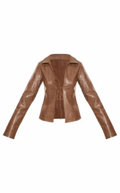 Tall Faux Leather Tie Front Long Sleeve Top-PrettyLittleThing Hot