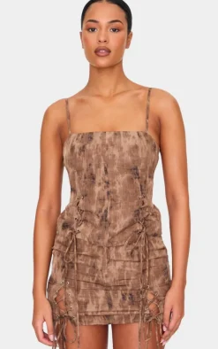 Clearance PrettyLittleThing Tall Lace Up Side Open Back Strappy Top Washed Brown