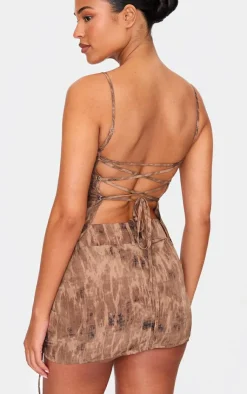 Clearance PrettyLittleThing Tall Lace Up Side Open Back Strappy Top Washed Brown