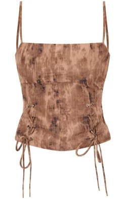 Clearance PrettyLittleThing Tall Lace Up Side Open Back Strappy Top Washed Brown
