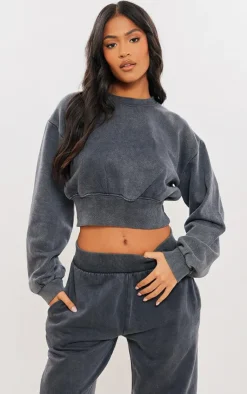 Hot PrettyLittleThing Tall Cropped Oversized Sweatshirt Washed Charcoal