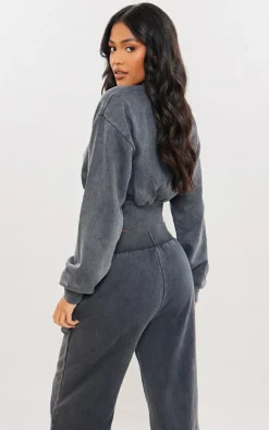 Hot PrettyLittleThing Tall Cropped Oversized Sweatshirt Washed Charcoal