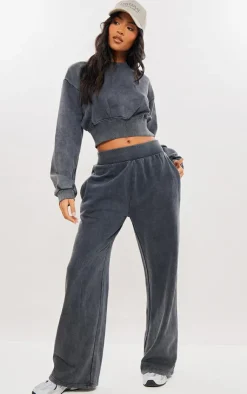 Discount PrettyLittleThing Tall High Waisted Wide Leg Sweatpants Washed Charcoal