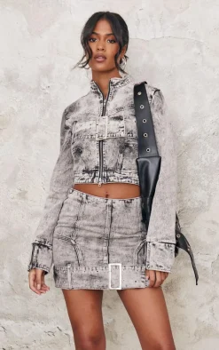 Sale PrettyLittleThing Tall Belt Detail Fitted Denim Jacket Washed Grey