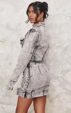 Sale PrettyLittleThing Tall Belt Detail Fitted Denim Jacket Washed Grey