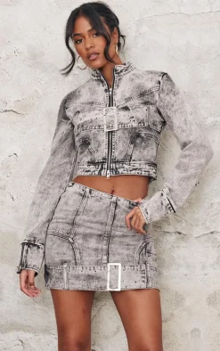 Sale PrettyLittleThing Tall Belt Detail Fitted Denim Jacket Washed Grey