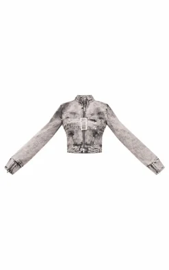 Sale PrettyLittleThing Tall Belt Detail Fitted Denim Jacket Washed Grey