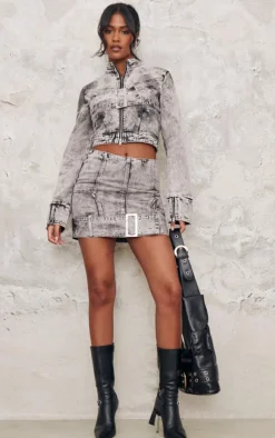 New PrettyLittleThing Tall Belt Detail Denim Mini Skirt Washed Grey