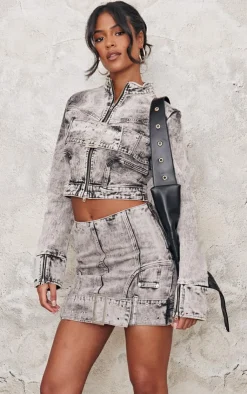 New PrettyLittleThing Tall Belt Detail Denim Mini Skirt Washed Grey