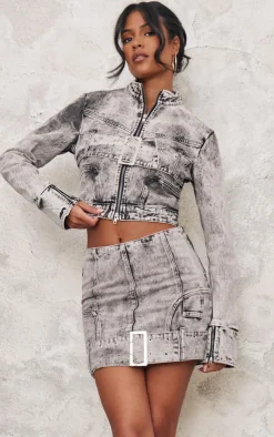 New PrettyLittleThing Tall Belt Detail Denim Mini Skirt Washed Grey
