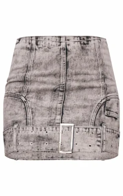 New PrettyLittleThing Tall Belt Detail Denim Mini Skirt Washed Grey