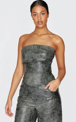 Outlet PrettyLittleThing Tall Faux Leather Lace Up Detail Corset Top Washed Grey