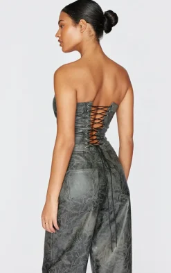Outlet PrettyLittleThing Tall Faux Leather Lace Up Detail Corset Top Washed Grey