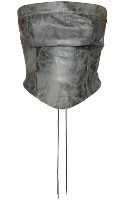 Outlet PrettyLittleThing Tall Faux Leather Lace Up Detail Corset Top Washed Grey