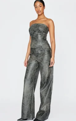 Online PrettyLittleThing Tall Faux Leather Wide Leg Pants Washed Grey
