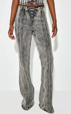 PrettyLittleThing Tall Low Rise Seam Detail Flared Jeans Washed Grey