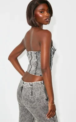 Clearance PrettyLittleThing Tall Raw Hem Lace Up Detail Denim Corset Washed Grey