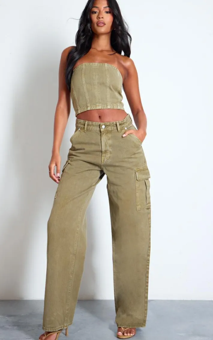 Tall Washed Khaki Low Rise Wide Leg Cargo Jeans