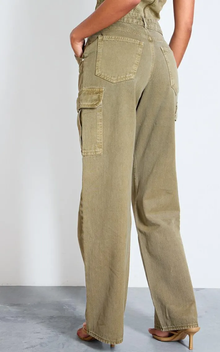 Tall Washed Khaki Low Rise Wide Leg Cargo Jeans