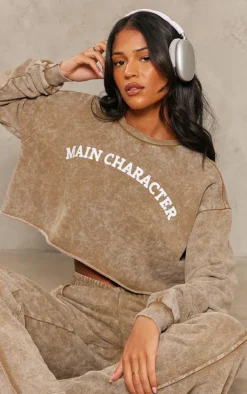 Hot PrettyLittleThing Tall Main Character Sweatshirt Washed Khaki