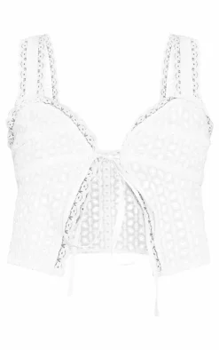 Outlet PrettyLittleThing Tall Broderie Detail Tie Front Crop Top White