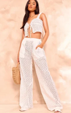 New PrettyLittleThing Tall Broderie Detail Wide Leg Pants White