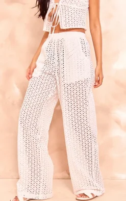 New PrettyLittleThing Tall Broderie Detail Wide Leg Pants White