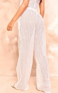 New PrettyLittleThing Tall Broderie Detail Wide Leg Pants White