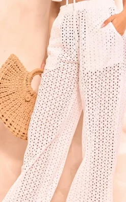 New PrettyLittleThing Tall Broderie Detail Wide Leg Pants White