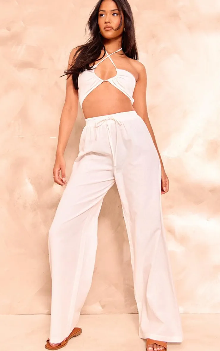 PrettyLittleThing Tall Linen Look Shirred Bandeau Top White